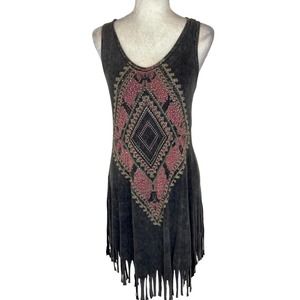 Vocal fringe rhinestone tank dress, size small acid wash aztec graphic boho midi